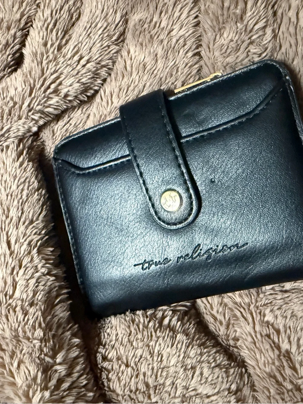 True Religion Black Leather Women's Wallet with Gold Snap